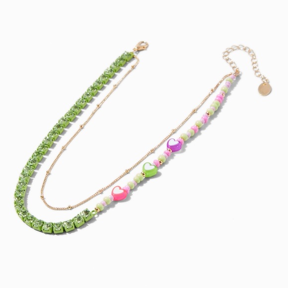 Claire's Green Pink Purple Heart Beads Faux Rhinestone Necklace, Gold-tone Chain - Picture 2 of 8